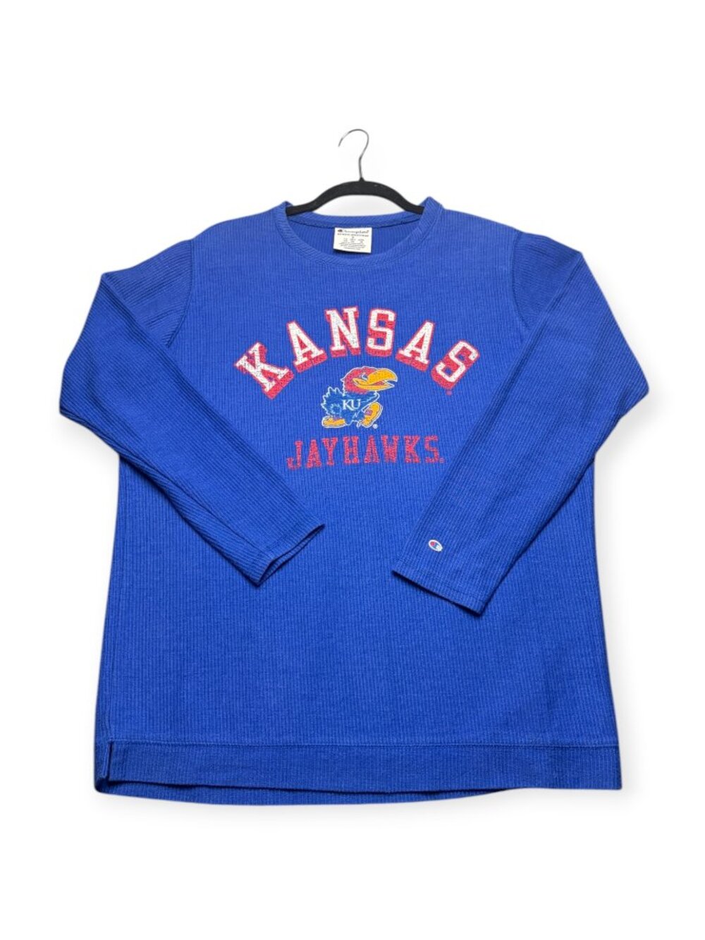 Vintage Champion Size S Kansas Jayhawks Ribbed Long Sleeve Shirt Blue Crew